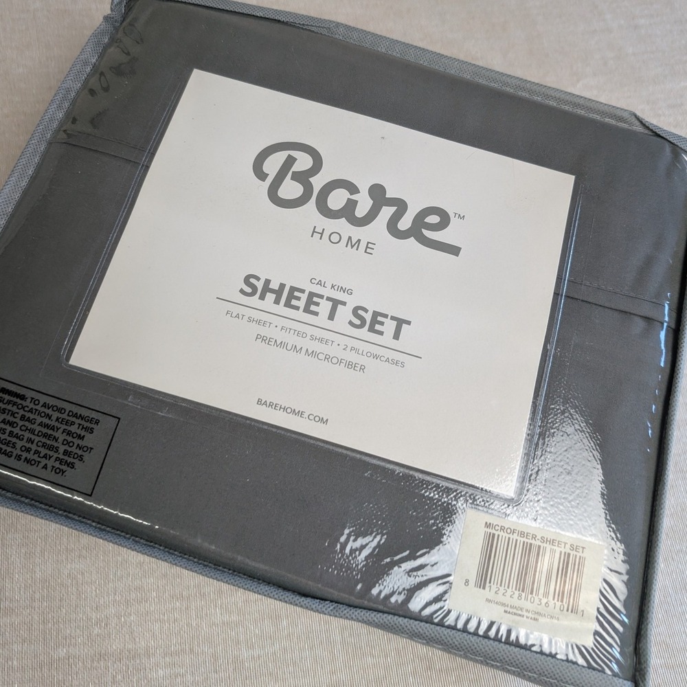 Bare Home Sheet Set Cal King Grey NWT 4 Piece Ultra Soft Microfiber Deep Pocket